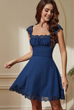 Navy Laced Square Neck A-Line Vestido Curto de Festa