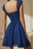 Navy Laced Square Neck A-Line Vestido Curto de Festa