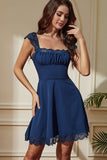 Navy Laced Square Neck A-Line Vestido Curto de Festa