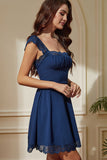 Navy Laced Square Neck A-Line Vestido Curto de Festa