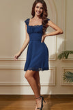 Navy Laced Square Neck A-Line Vestido Curto de Festa