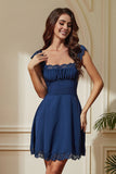 Navy Laced Square Neck A-Line Vestido Curto de Festa