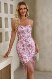 Sparkly Pink Tight Sequined Bordado Esparguete Correias Vestido Curto de Festa com Tassels