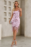 Sparkly Pink Tight Sequined Bordado Esparguete Correias Vestido Curto de Festa com Tassels