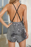 Sparkly Black Wrap Esparguete Correias Sequins Short Party Jumpsuits