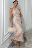 Espumante Champagne Sereia Halter Sequined Long Party Dress