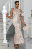 Espumante Champagne Sereia Halter Sequined Long Party Dress