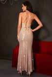 Espumante Champagne Sereia Esparguete Correias Lace-Up Back Sequins Long Party Dress