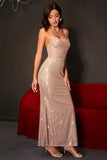 Espumante Champagne Sereia Esparguete Correias Lace-Up Back Sequins Long Party Dress