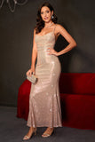 Espumante Champagne Sereia Esparguete Correias Lace-Up Back Sequins Long Party Dress