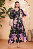 Preto Floral A-Line V Neck Long Prom Dress com cinto