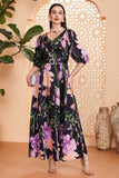 Preto Floral A-Line V Neck Long Prom Dress com cinto