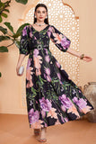 Preto Floral A-Line V Neck Long Prom Dress com cinto