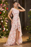 Sereia floral rosa um ombro babado longo vestido de baile com fenda