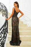 Brilhante Preto Sereia Esparguete Correias Sequined Long Prom Dress