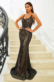 Brilhante Preto Sereia Esparguete Correias Sequined Long Prom Dress