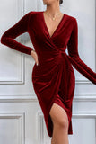 Borgonha Velvet Wrap Mangas Longas Vestido de Coquetel