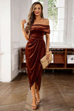 Brown Off the Shoulder Velvet Wrap Vestido Longo do Baile de Formatura