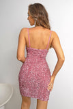 Sparkly Pink Tight Sequins Esparguete Correias Homecoming Dress com Fenda