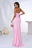 Sereia Rosa Strapless Ruffles Long Prom Dress com Fenda