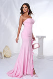 Sereia Rosa Strapless Ruffles Long Prom Dress com Fenda