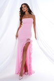 Sereia Rosa Strapless Ruffles Long Prom Dress com Fenda