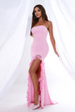 Sereia Rosa Strapless Ruffles Long Prom Dress com Fenda