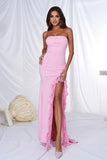 Sereia Rosa Strapless Ruffles Long Prom Dress com Fenda