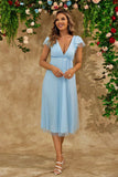 Sky Blue A Line V Neck Tulle Vestido de Coquetel