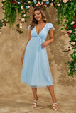 Sky Blue A Line V Neck Tulle Vestido de Coquetel