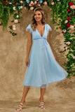 Sky Blue A Line V Neck Tulle Vestido de Coquetel