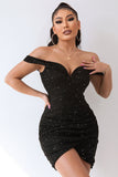 Preto brilhante fora do ombro Beading Bodycon vestido de cocktail curto