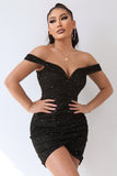 Preto brilhante fora do ombro Beading Bodycon vestido de cocktail curto