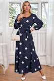 Navy Scoop Neck Polka Dots Vestido de Coquetel Longo com Sash