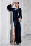 Puff Mangas Azul Escuro Ruched Long Velvet Prom Dress com Fenda