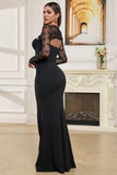 Elegante Preto Tule Mangas Sereia Hollow out Prom Dress