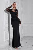 Elegante Preto Tule Mangas Sereia Hollow out Prom Dress