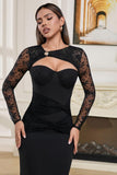 Elegante Preto Tule Mangas Sereia Hollow out Prom Dress