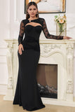 Elegante Preto Tule Mangas Sereia Hollow out Prom Dress