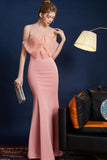 Sereia Rosa Strapless Long Prom Dress com Arco