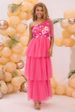 Fuchsia Um Ombro Uma Linha Tiered Tulle Long Prom Dress