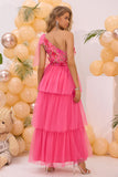 Fuchsia Um Ombro Uma Linha Tiered Tulle Long Prom Dress