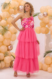 Fuchsia Um Ombro Uma Linha Tiered Tulle Long Prom Dress