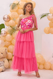 Fuchsia Um Ombro Uma Linha Tiered Tulle Long Prom Dress