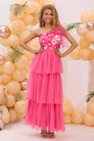 Fuchsia Um Ombro Uma Linha Tiered Tulle Long Prom Dress