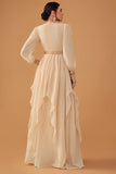 Champagne Ruffles Uma linha Long Prom Dress com mangas compridas