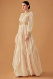 Champagne Ruffles Uma linha Long Prom Dress com mangas compridas