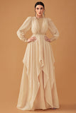 Champagne Ruffles Uma linha Long Prom Dress com mangas compridas