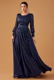 Glitter Sequins Navy Uma Linha Vestido de Baile Longo com Mangas Longas