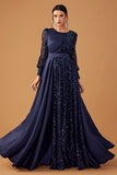 Glitter Sequins Navy Uma Linha Vestido de Baile Longo com Mangas Longas